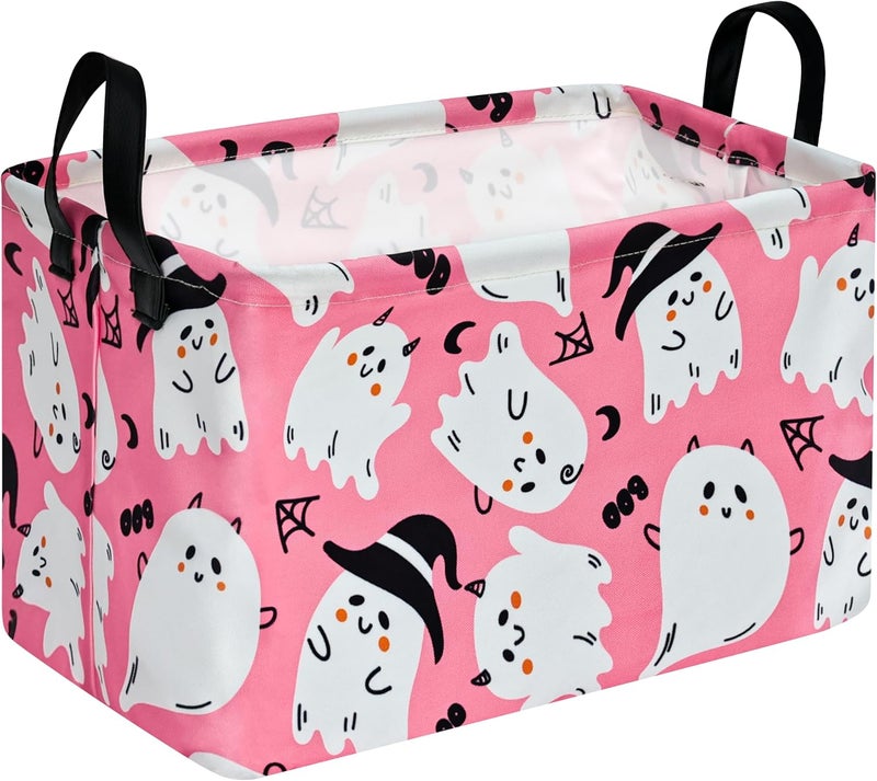 KUNRO Pink Ghost Pattern Storage Basket Gift Shelf Basket Storage Bin, Nursery Basket Organizer Box for With Handles for Room Deco - Image 1